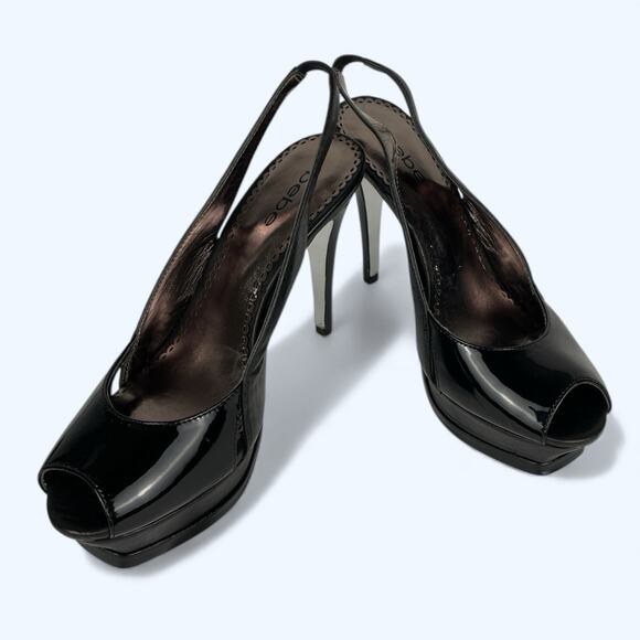 Bebe Zahara Black Patent Leather Stiletto Platform Slingback Peep-toe Heels 8M - Picture 3 of 7